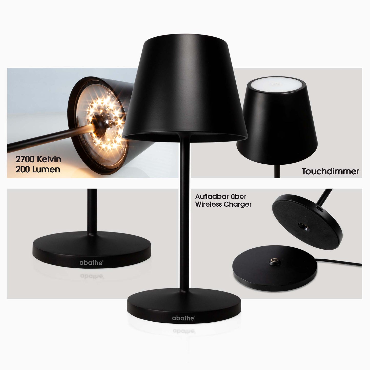 6 Stück abathe LED-Akku Tischleuchten "round" schwarz mit einer 6-fach Aufladestation