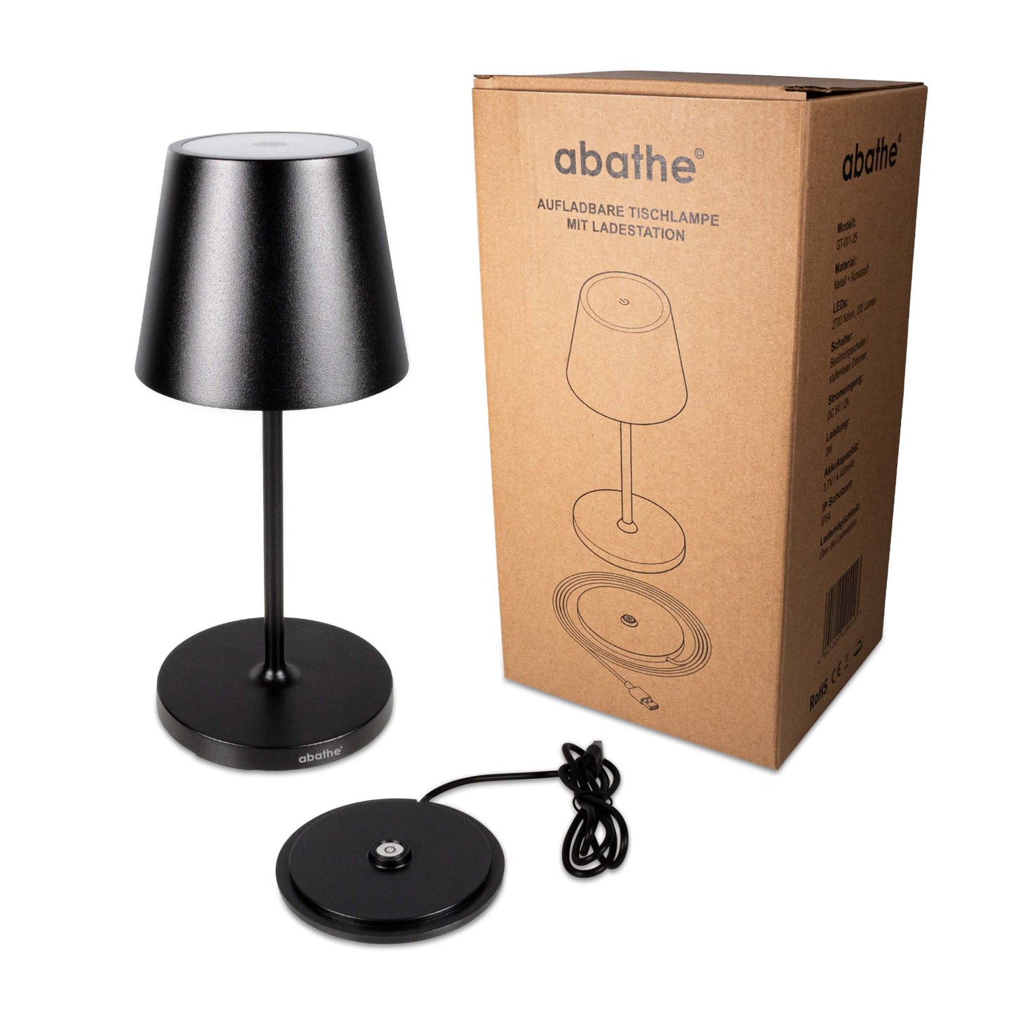 abathe LED-Akku Tischleuchte "round" schwarz mit Ladestation