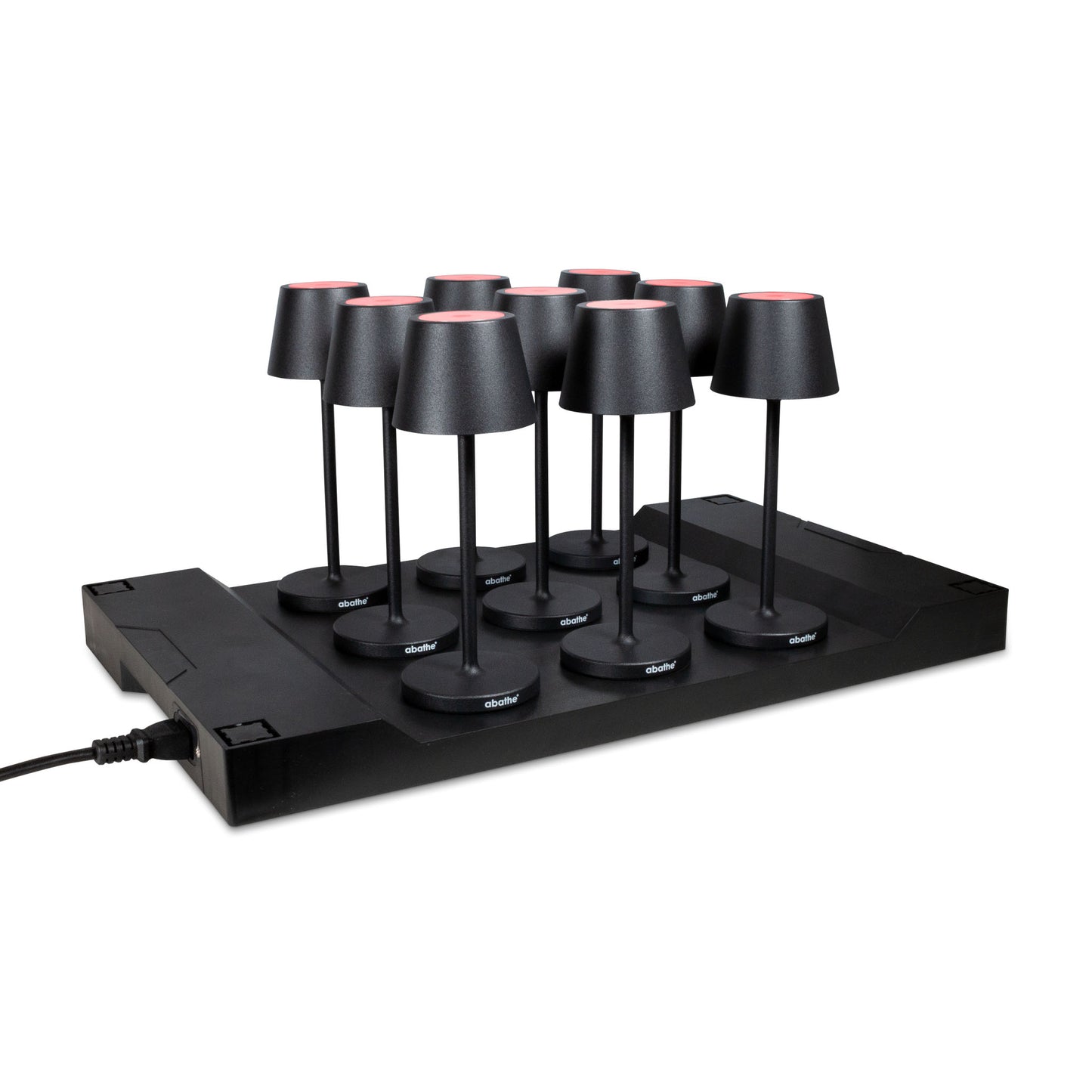 9 Stück abathe LED-Akku Tischleuchten "mini" schwarz mit einer 9-fach Aufladestation