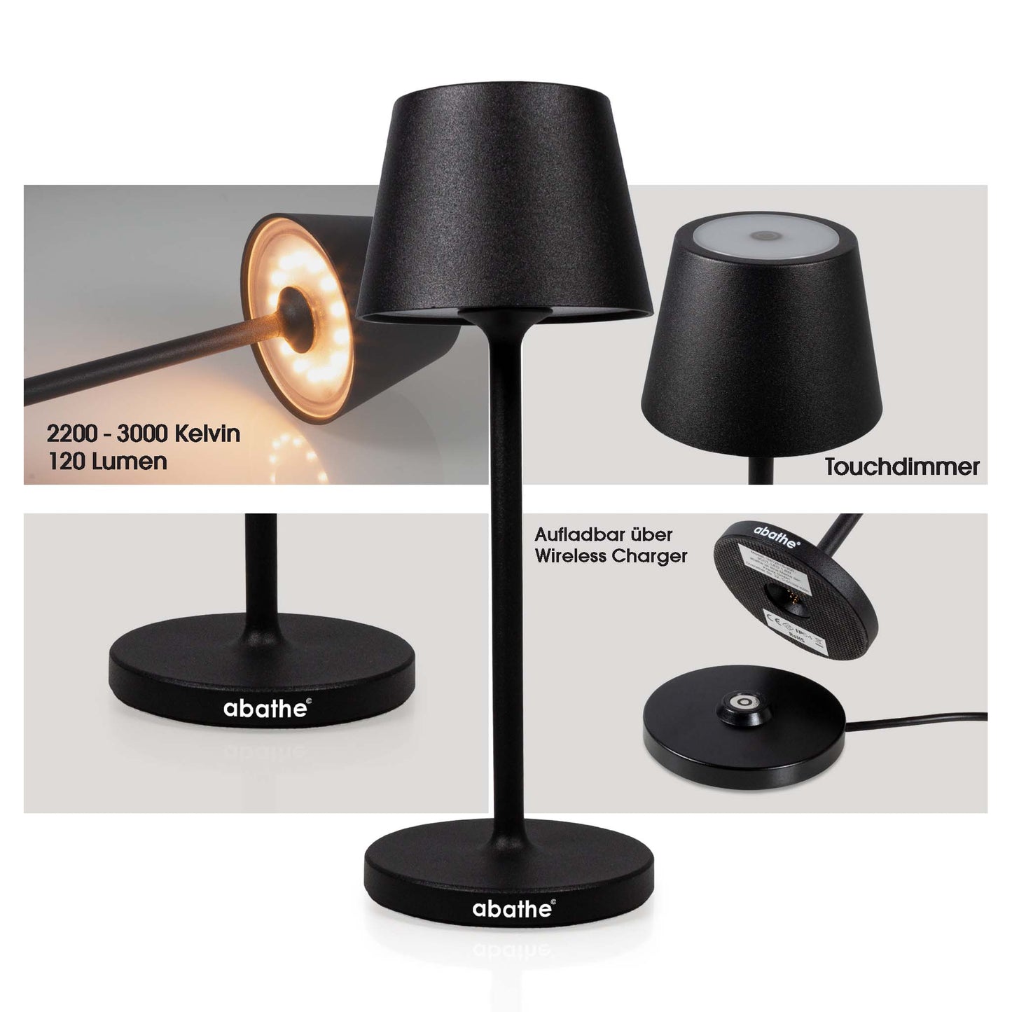 9 Stück abathe LED-Akku Tischleuchten "mini" schwarz mit einer 9-fach Aufladestation